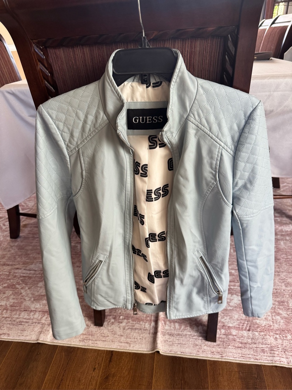 GUESS Pale Blue Quilted Faux Leather Moto Jacket Vintage